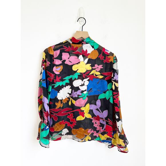 Alice + Olivia Mora Sheer Tie Neck Silk Blouse XS Black Multi-Color - Picture 4 of 7